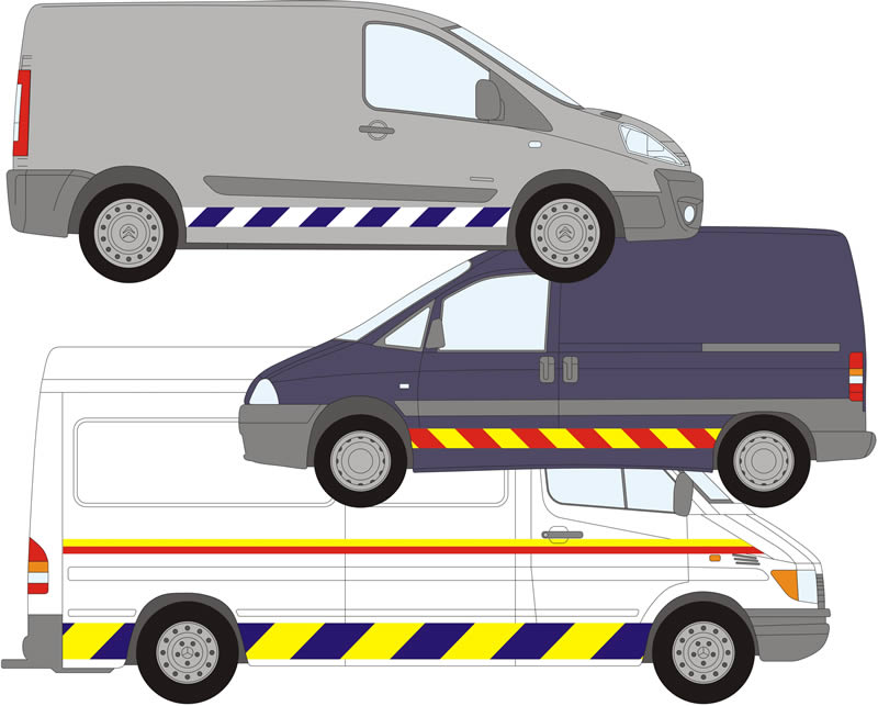 High visibility reflective yellow red and blue chevron stripe kits for